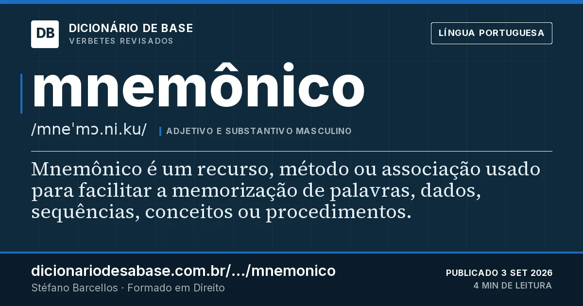 Cartão do verbete mnemônico: Mnemônico é um recurso, método ou associação usado para facilitar a memorização de palavras, dados, sequências…