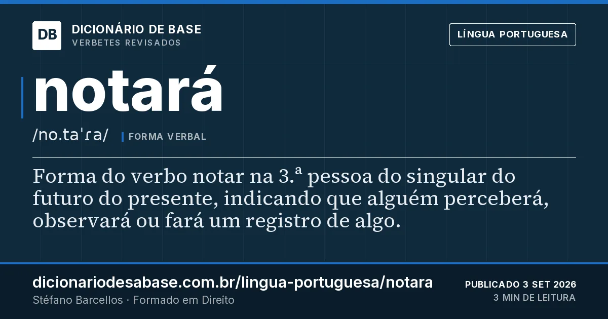 Cartão do verbete notará: Forma do verbo notar na 3.ª pessoa do singular do futuro do presente, indicando que alguém perceberá, observará ou fará…