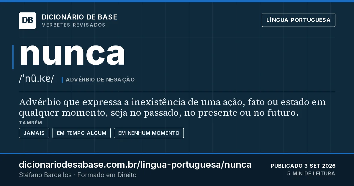 Cartão do verbete nunca: Advérbio que expressa a inexistência de uma ação, fato ou estado em qualquer momento, seja no passado, no presente ou…