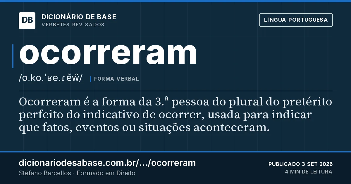 Cartão do verbete ocorreram: Ocorreram é a forma da 3.ª pessoa do plural do pretérito perfeito do indicativo de ocorrer, usada para indicar que…