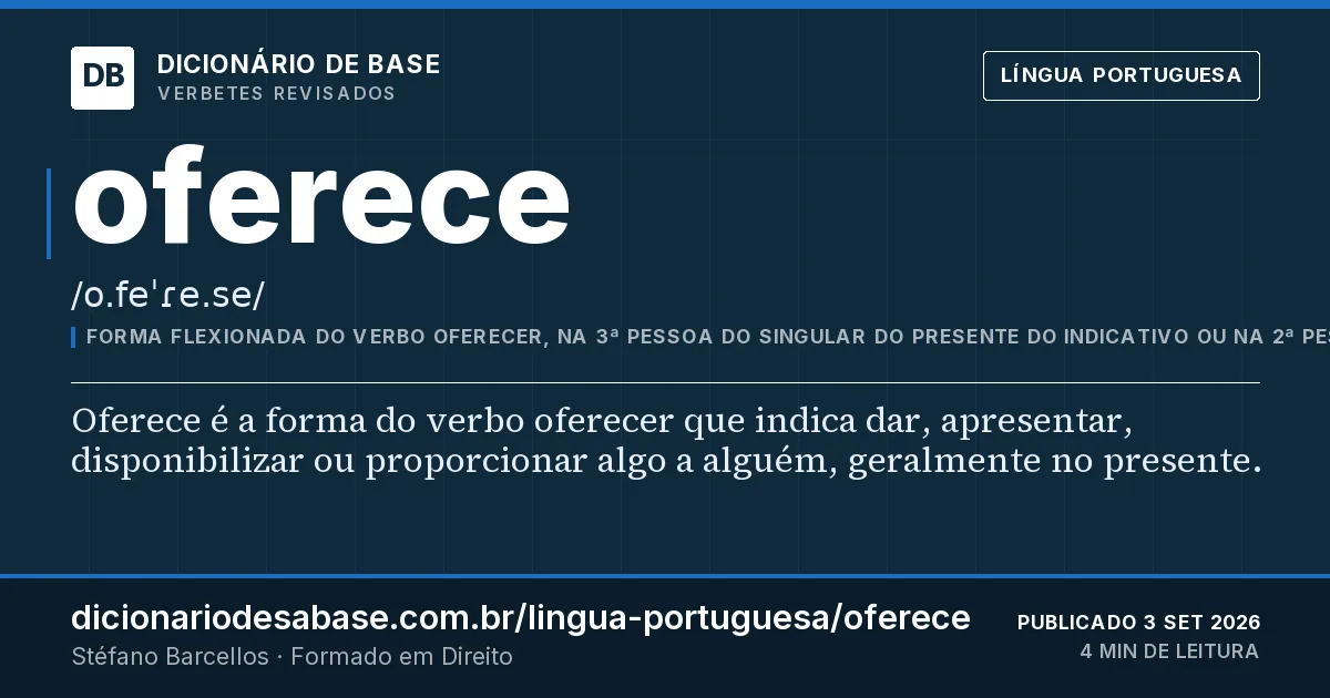 Cartão do verbete oferece: Oferece é a forma do verbo oferecer que indica dar, apresentar, disponibilizar ou proporcionar algo a alguém…