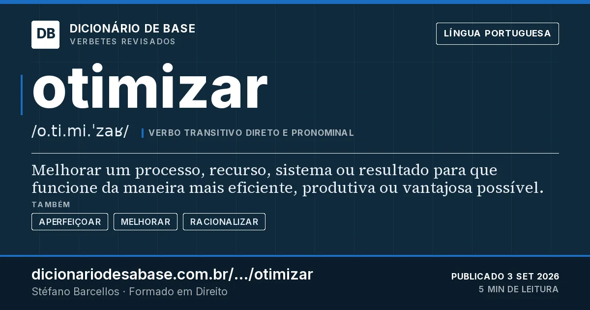 Cartão do verbete otimizar: Melhorar um processo, recurso, sistema ou resultado para que funcione da maneira mais eficiente, produtiva ou vantajosa…