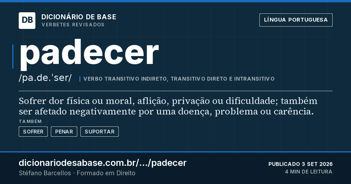 Cartão do verbete padecer: Sofrer dor física ou moral, aflição, privação ou dificuldade; também ser afetado negativamente por uma doença, problema…