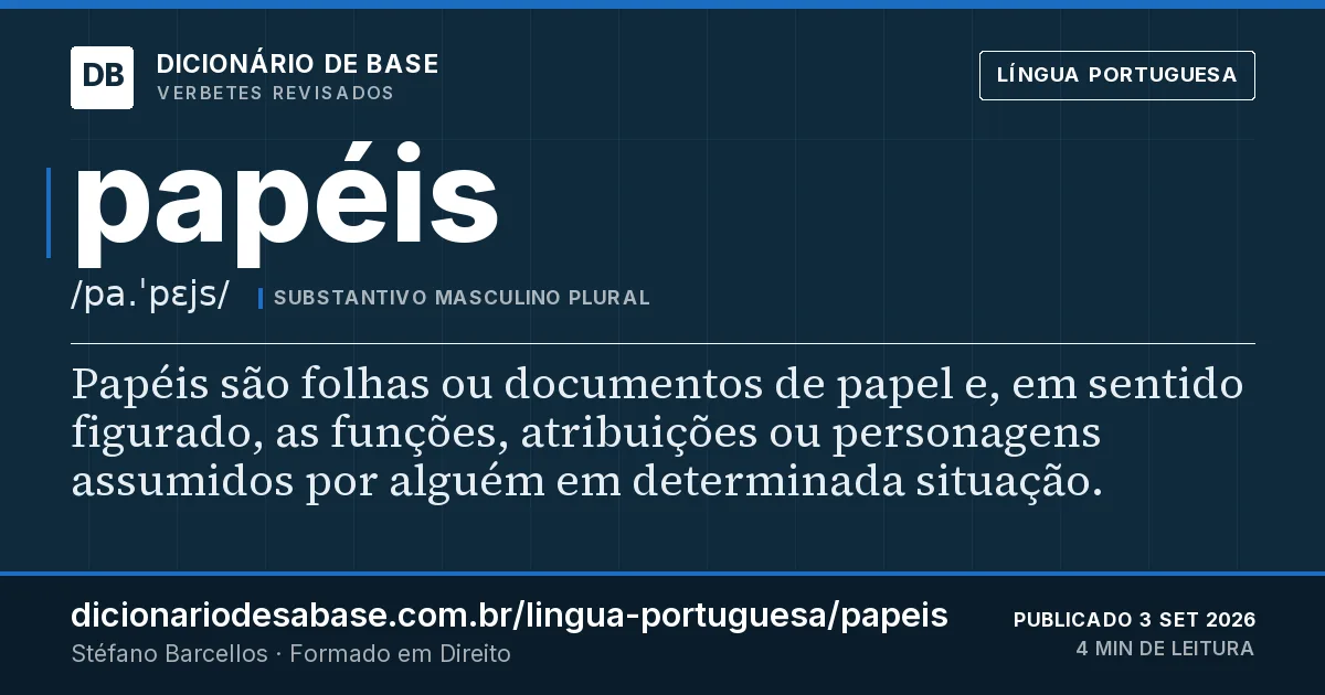 Cartão do verbete papéis: Papéis são folhas ou documentos de papel e, em sentido figurado, as funções, atribuições ou personagens assumidos por…