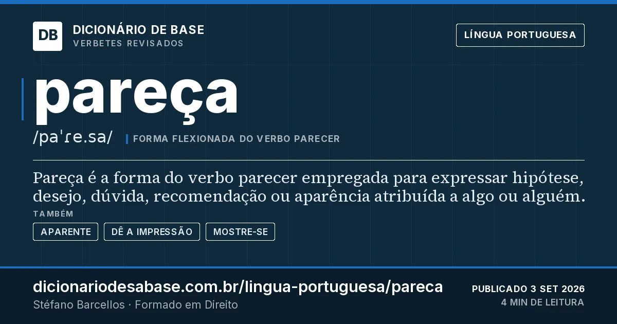 Cartão do verbete pareça: Pareça é a forma do verbo parecer empregada para expressar hipótese, desejo, dúvida, recomendação ou aparência…