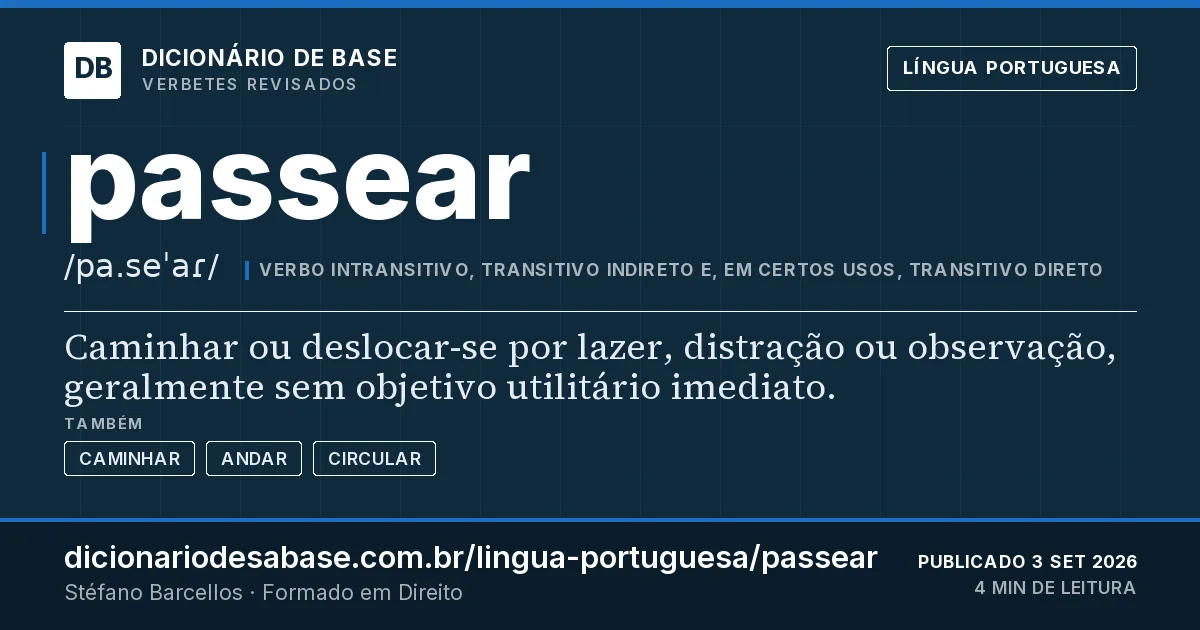 Cartão do verbete passear: Caminhar ou deslocar-se por lazer, distração ou observação, geralmente sem objetivo utilitário imediato.