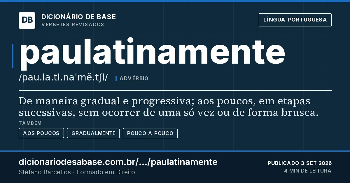 Cartão do verbete paulatinamente: De maneira gradual e progressiva; aos poucos, em etapas sucessivas, sem ocorrer de uma só vez ou de forma brusca.