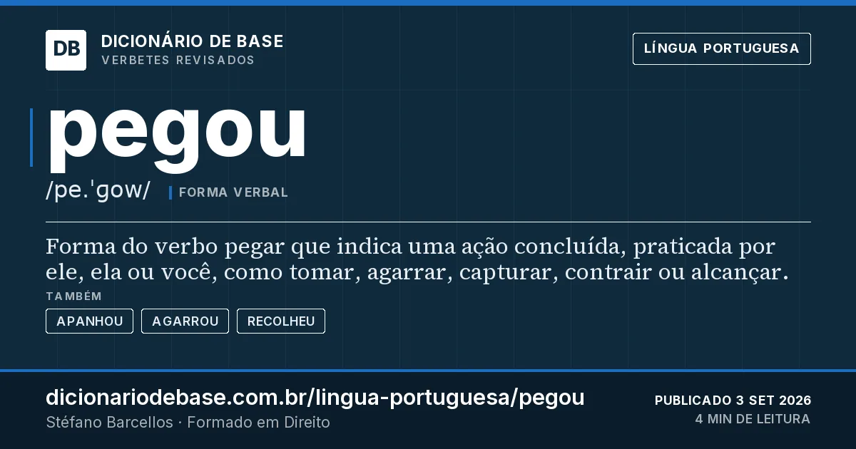 Cartão do verbete pegou: Forma do verbo pegar que indica uma ação concluída, praticada por ele, ela ou você, como tomar, agarrar, capturar…