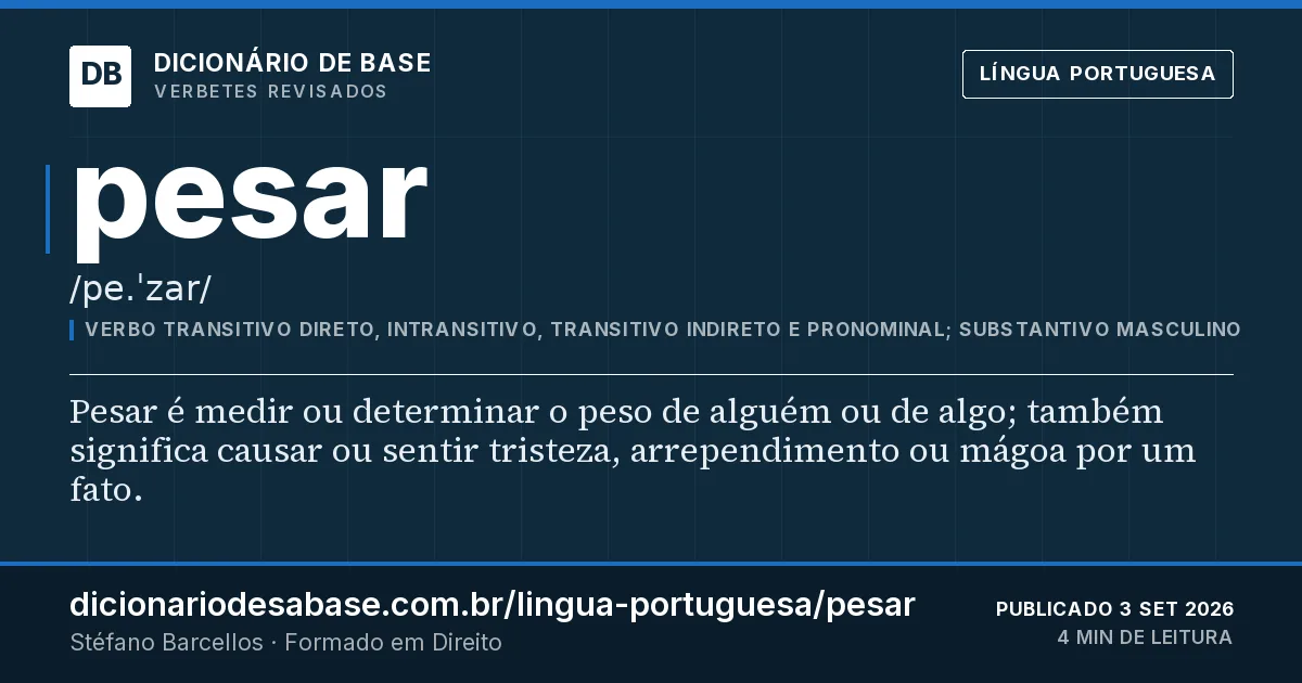Cartão do verbete pesar: Pesar é medir ou determinar o peso de alguém ou de algo; também significa causar ou sentir tristeza, arrependimento ou…