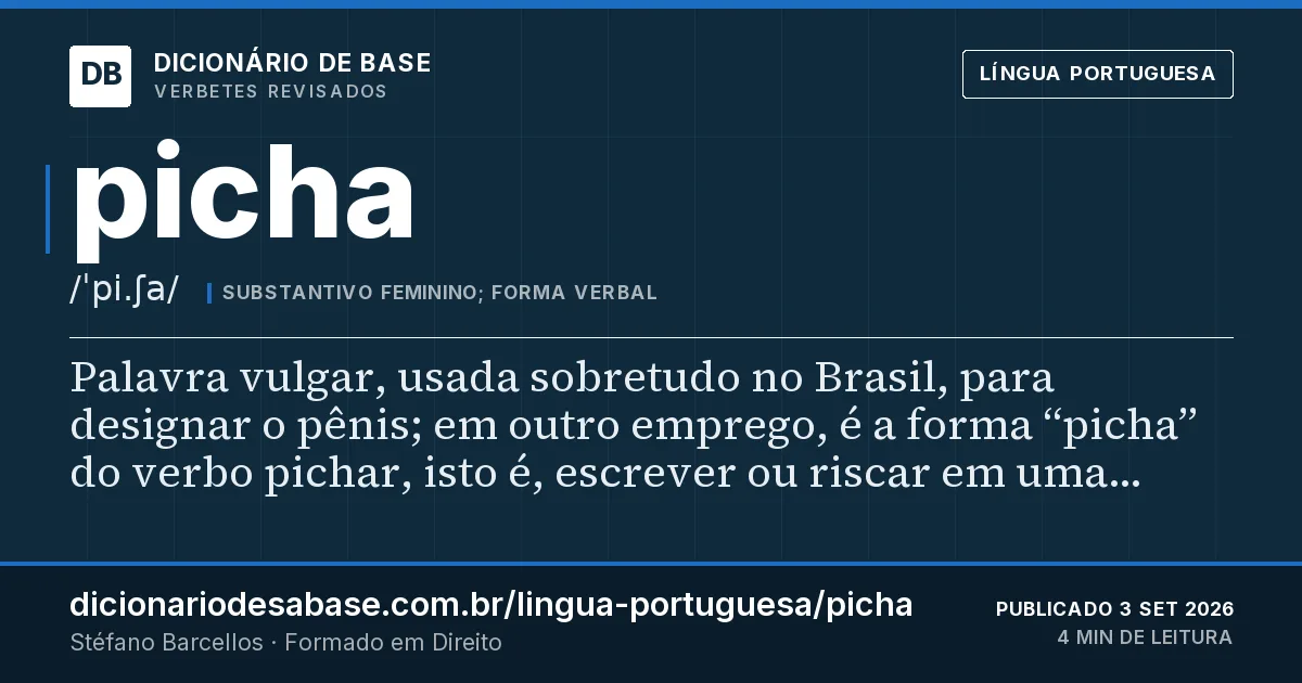 Cartão do verbete picha: Palavra vulgar, usada sobretudo no Brasil, para designar o pênis; em outro emprego, é a forma “picha” do verbo pichar…
