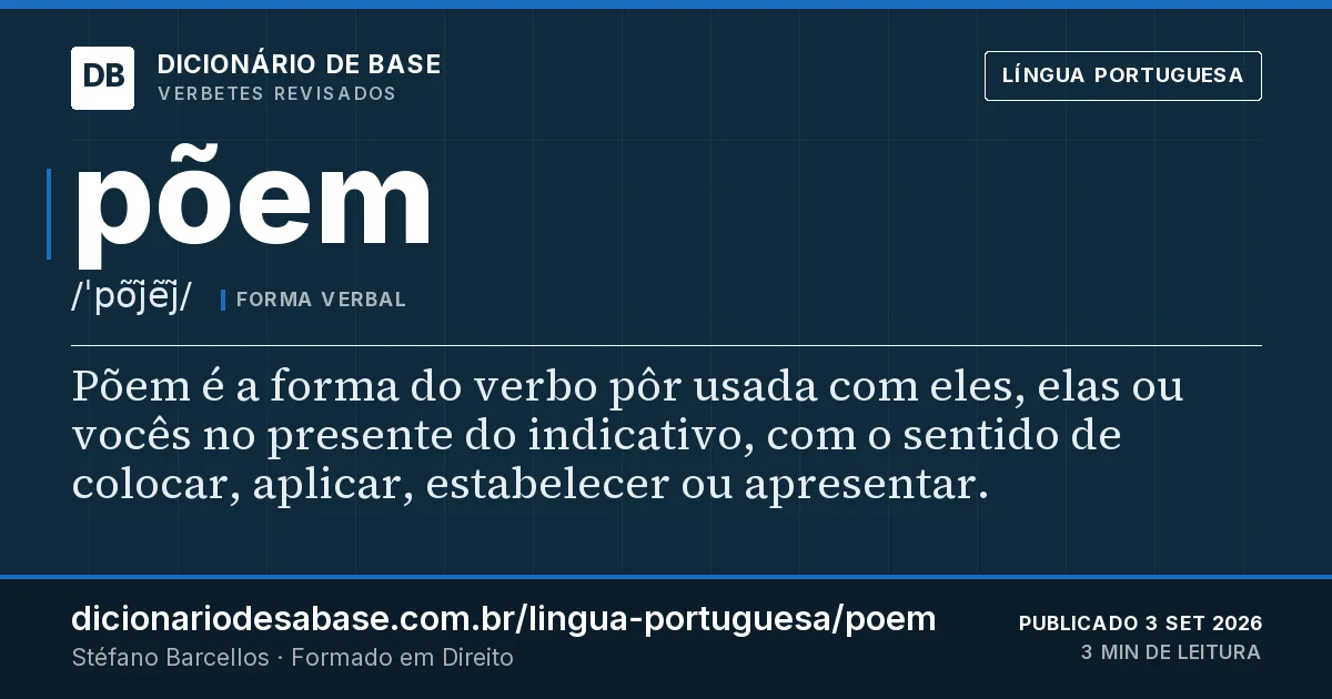 Cartão do verbete põem: Põem é a forma do verbo pôr usada com eles, elas ou vocês no presente do indicativo, com o sentido de colocar, aplicar…