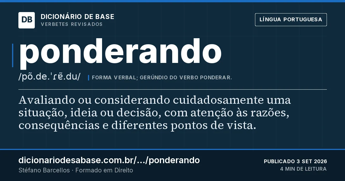 Cartão do verbete ponderando: Avaliando ou considerando cuidadosamente uma situação, ideia ou decisão, com atenção às razões, consequências e…