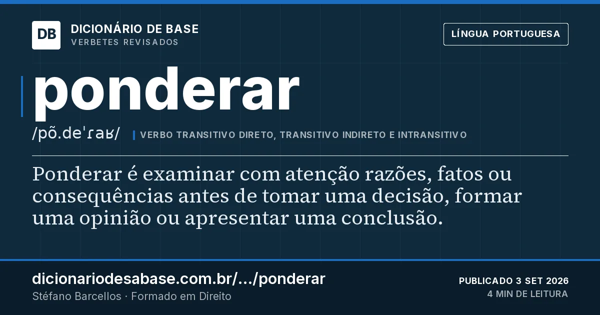 Cartão do verbete ponderar: Ponderar é examinar com atenção razões, fatos ou consequências antes de tomar uma decisão, formar uma opinião ou…