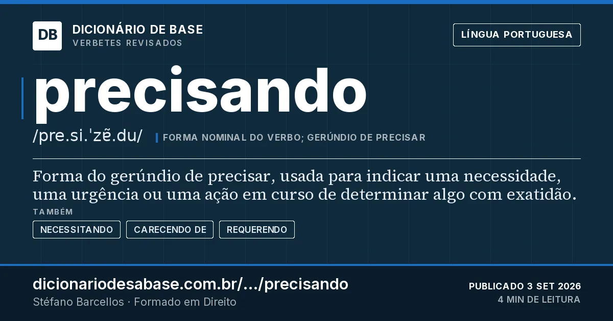 Cartão do verbete precisando: Forma do gerúndio de precisar, usada para indicar uma necessidade, uma urgência ou uma ação em curso de determinar algo…