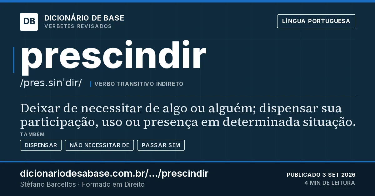 Cartão do verbete prescindir: Deixar de necessitar de algo ou alguém; dispensar sua participação, uso ou presença em determinada situação.