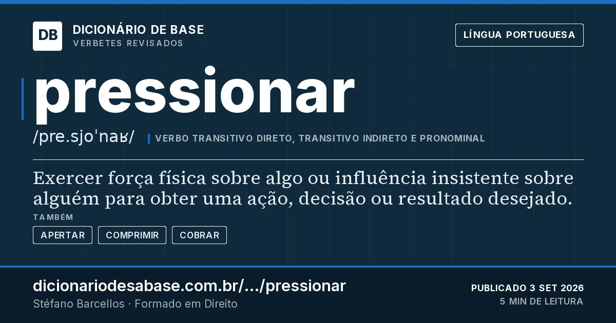 Cartão do verbete pressionar: Exercer força física sobre algo ou influência insistente sobre alguém para obter uma ação, decisão ou resultado…