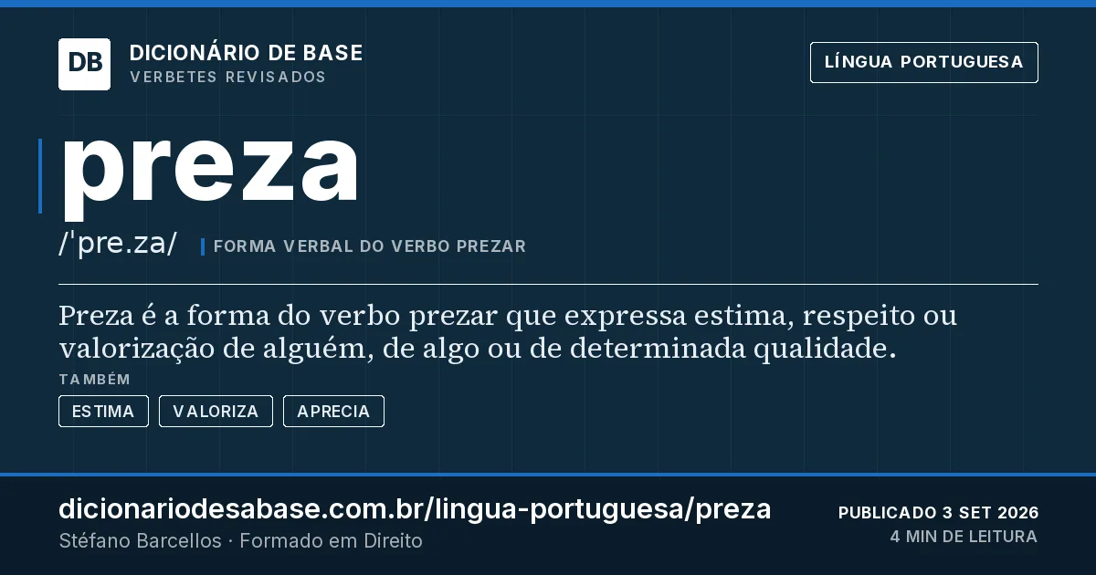 Cartão do verbete preza: Preza é a forma do verbo prezar que expressa estima, respeito ou valorização de alguém, de algo ou de determinada…
