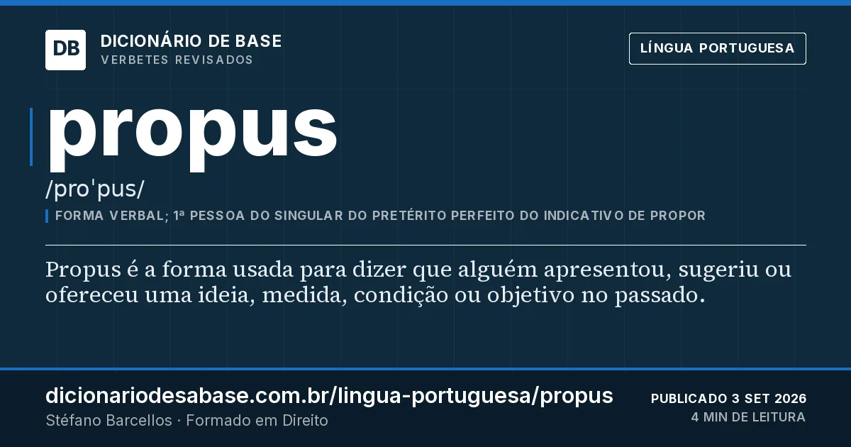 Cartão do verbete propus: Propus é a forma usada para dizer que alguém apresentou, sugeriu ou ofereceu uma ideia, medida, condição ou objetivo no…