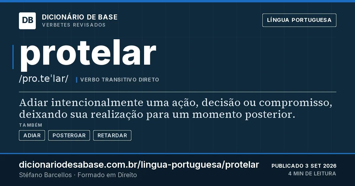 Cartão do verbete protelar: Adiar intencionalmente uma ação, decisão ou compromisso, deixando sua realização para um momento posterior.