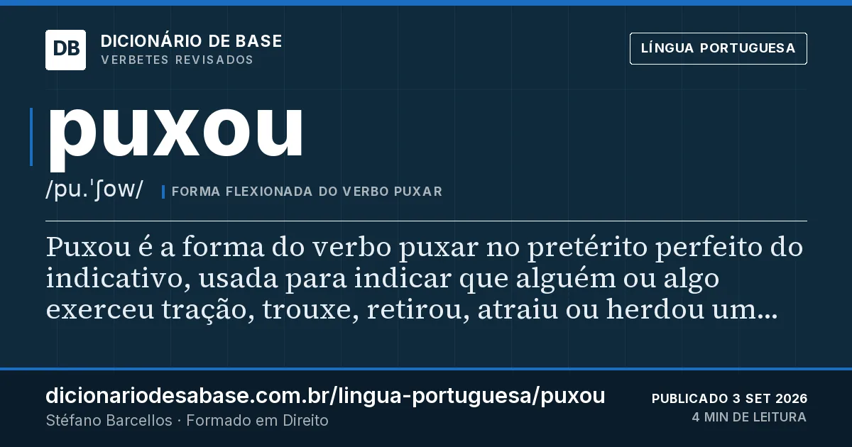 Cartão do verbete puxou: Puxou é a forma do verbo puxar no pretérito perfeito do indicativo, usada para indicar que alguém ou algo exerceu…