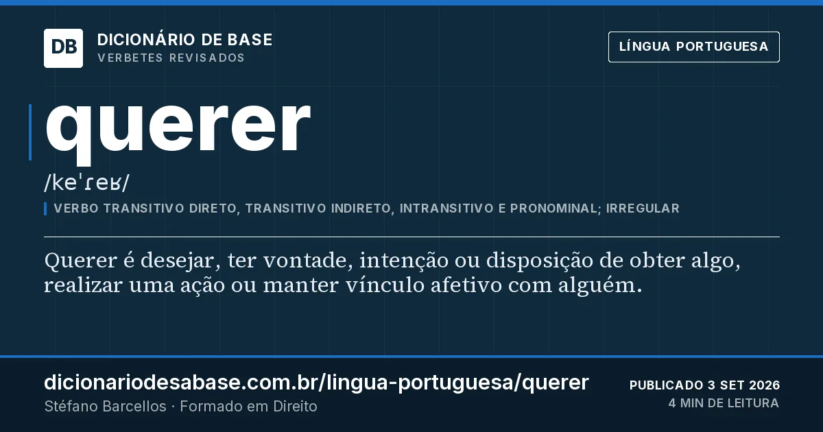 Cartão do verbete querer: Querer é desejar, ter vontade, intenção ou disposição de obter algo, realizar uma ação ou manter vínculo afetivo com…