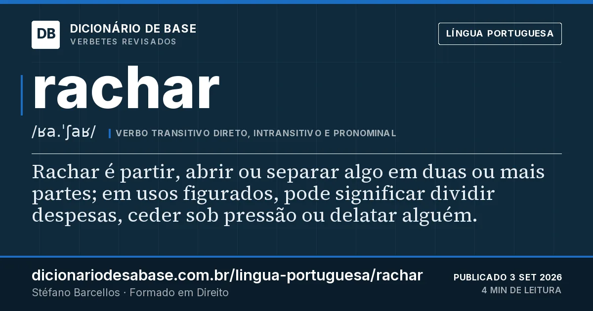 Cartão do verbete rachar: Rachar é partir, abrir ou separar algo em duas ou mais partes; em usos figurados, pode significar dividir despesas…