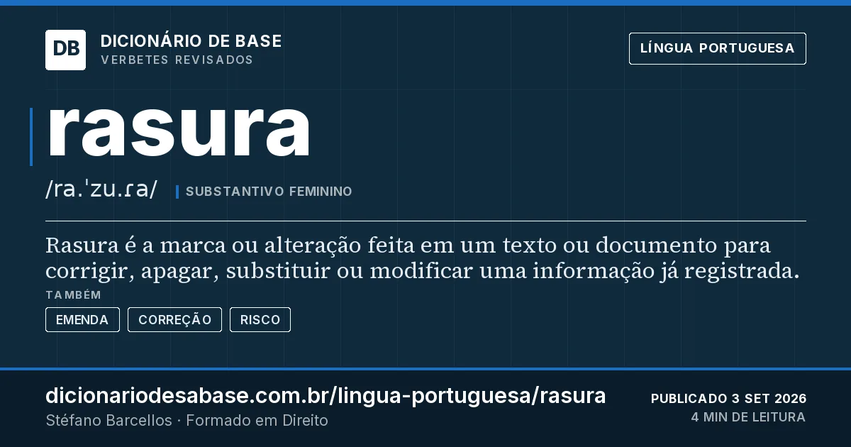 Cartão do verbete rasura: Rasura é a marca ou alteração feita em um texto ou documento para corrigir, apagar, substituir ou modificar uma…