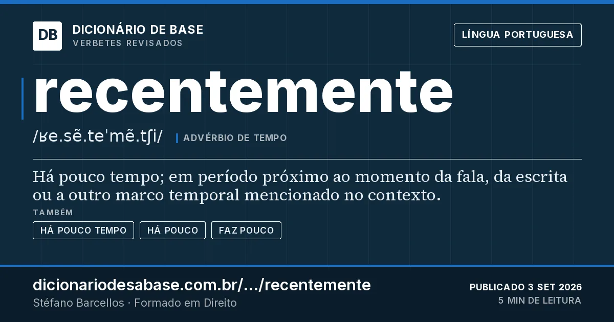 Cartão do verbete recentemente: Há pouco tempo; em período próximo ao momento da fala, da escrita ou a outro marco temporal mencionado no contexto.