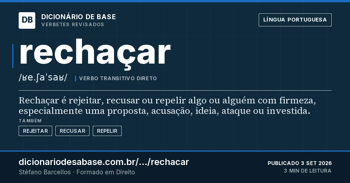 Cartão do verbete rechaçar: Rechaçar é rejeitar, recusar ou repelir algo ou alguém com firmeza, especialmente uma proposta, acusação, ideia, ataque…