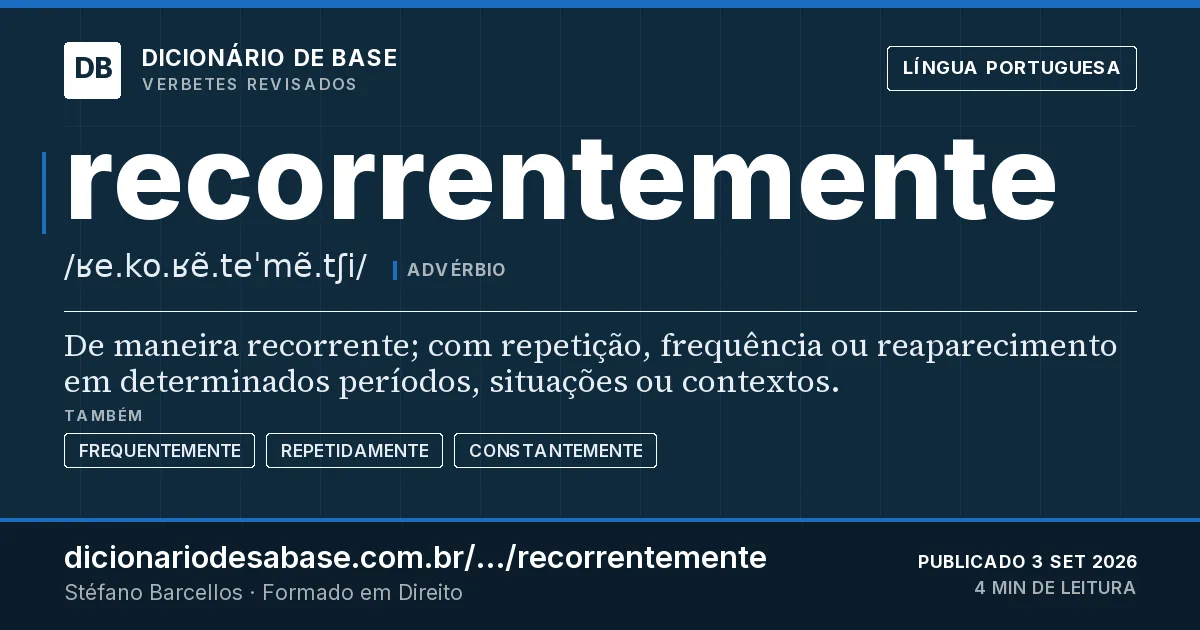 Cartão do verbete recorrentemente: De maneira recorrente; com repetição, frequência ou reaparecimento em determinados períodos, situações ou contextos.