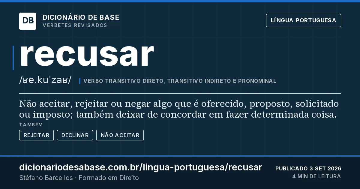 Cartão do verbete recusar: Não aceitar, rejeitar ou negar algo que é oferecido, proposto, solicitado ou imposto; também deixar de concordar em…