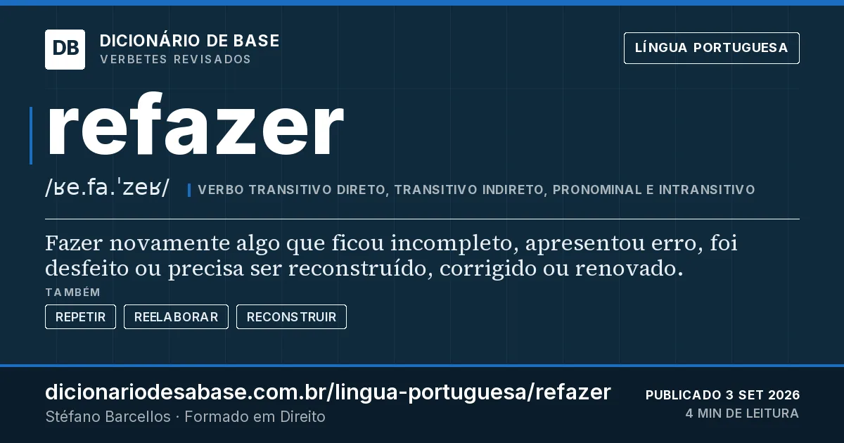 Cartão do verbete refazer: Fazer novamente algo que ficou incompleto, apresentou erro, foi desfeito ou precisa ser reconstruído, corrigido ou…