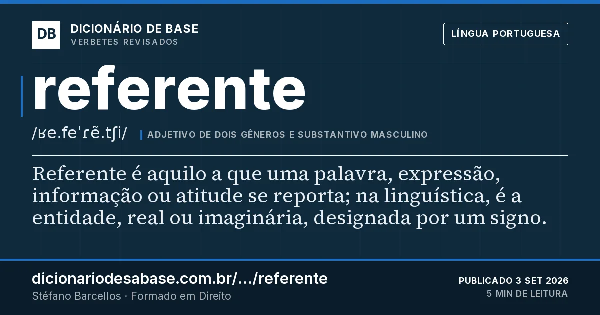 Cartão do verbete referente: Referente é aquilo a que uma palavra, expressão, informação ou atitude se reporta; na linguística, é a entidade, real…