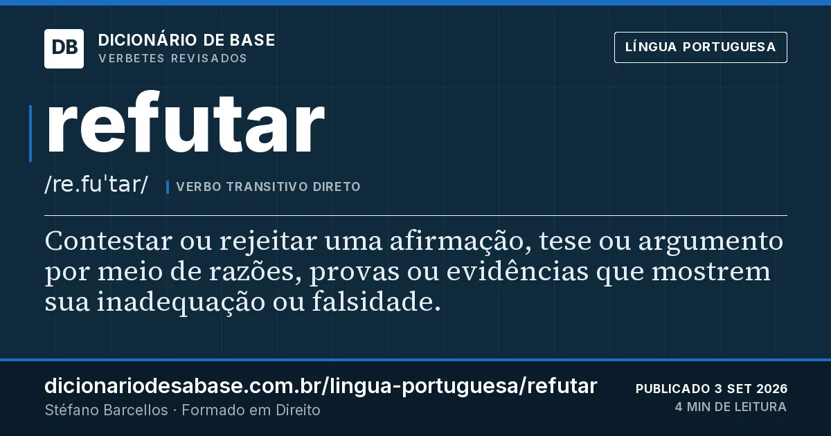 Cartão do verbete refutar: Contestar ou rejeitar uma afirmação, tese ou argumento por meio de razões, provas ou evidências que mostrem sua…