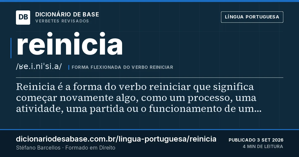 Cartão do verbete reinicia: Reinicia é a forma do verbo reiniciar que significa começar novamente algo, como um processo, uma atividade, uma…