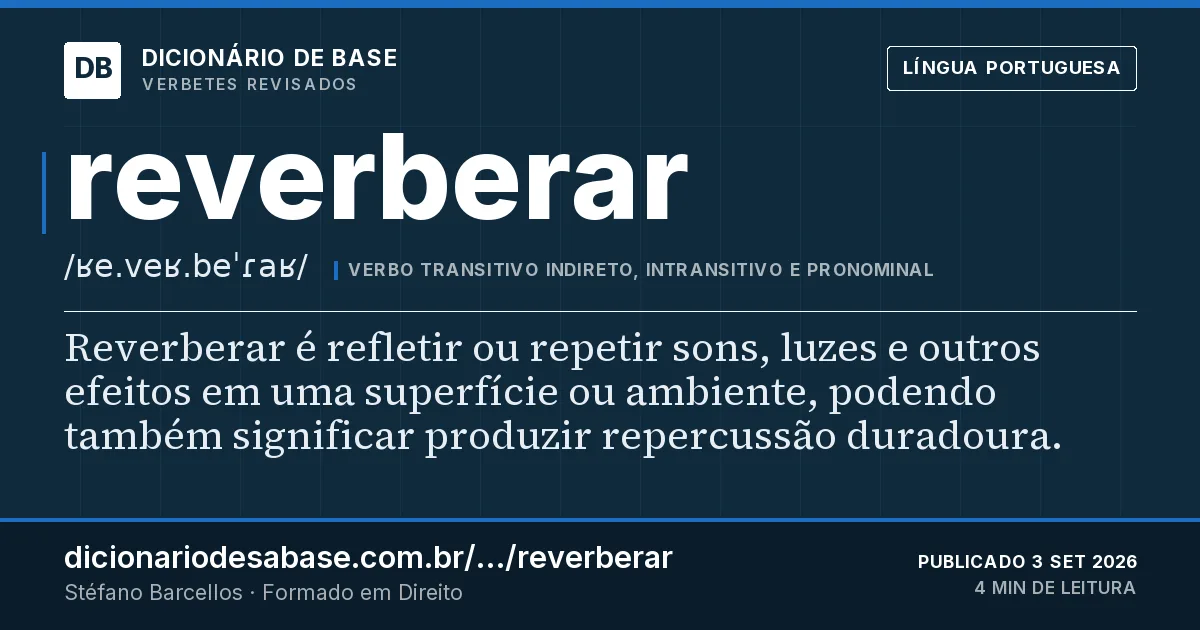 Cartão do verbete reverberar: Reverberar é refletir ou repetir sons, luzes e outros efeitos em uma superfície ou ambiente, podendo também significar…