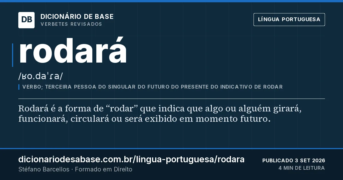 Cartão do verbete rodará: Rodará é a forma de “rodar” que indica que algo ou alguém girará, funcionará, circulará ou será exibido em momento…