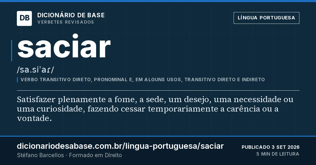 Cartão do verbete saciar: Satisfazer plenamente a fome, a sede, um desejo, uma necessidade ou uma curiosidade, fazendo cessar temporariamente a…