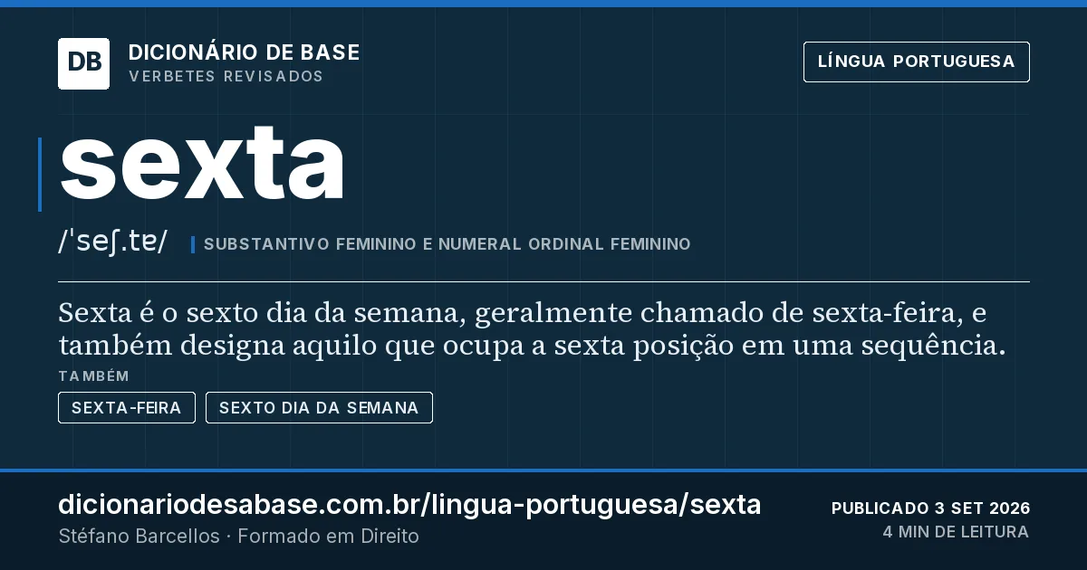 Cartão do verbete sexta: Sexta é o sexto dia da semana, geralmente chamado de sexta-feira, e também designa aquilo que ocupa a sexta posição em…