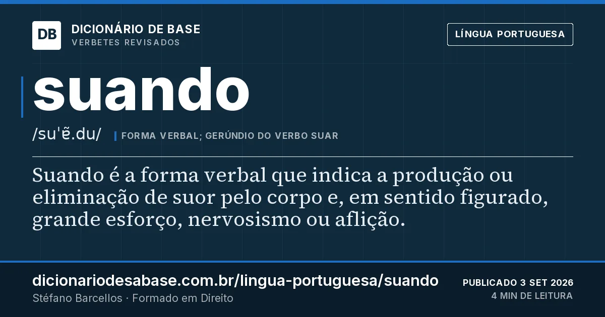Cartão do verbete suando: Suando é a forma verbal que indica a produção ou eliminação de suor pelo corpo e, em sentido figurado, grande esforço…