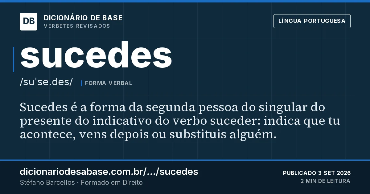 Cartão do verbete sucedes: Sucedes é a forma da segunda pessoa do singular do presente do indicativo do verbo suceder: indica que tu acontece…