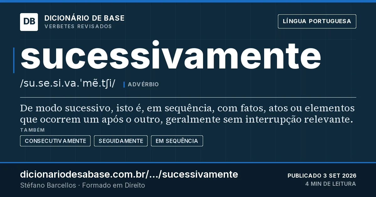 Cartão do verbete sucessivamente: De modo sucessivo, isto é, em sequência, com fatos, atos ou elementos que ocorrem um após o outro, geralmente sem…
