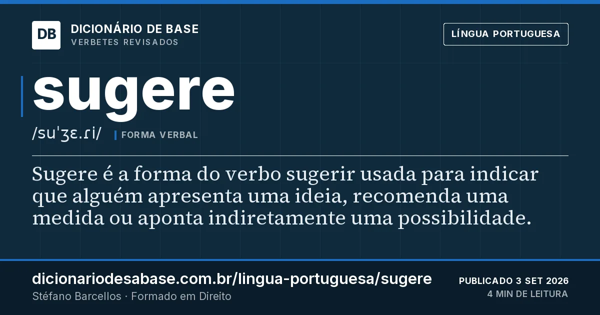 Cartão do verbete sugere: Sugere é a forma do verbo sugerir usada para indicar que alguém apresenta uma ideia, recomenda uma medida ou aponta…