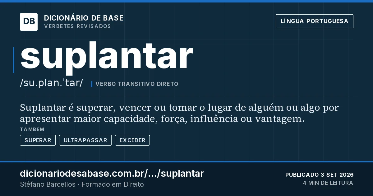 Cartão do verbete suplantar: Suplantar é superar, vencer ou tomar o lugar de alguém ou algo por apresentar maior capacidade, força, influência ou…