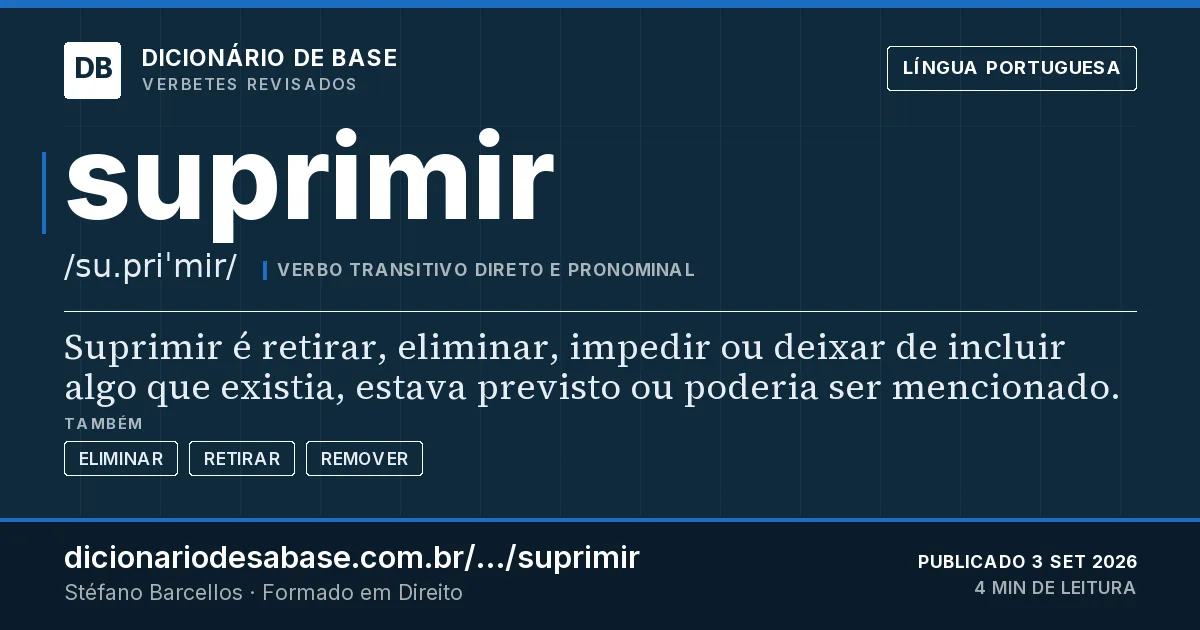 Cartão do verbete suprimir: Suprimir é retirar, eliminar, impedir ou deixar de incluir algo que existia, estava previsto ou poderia ser mencionado.