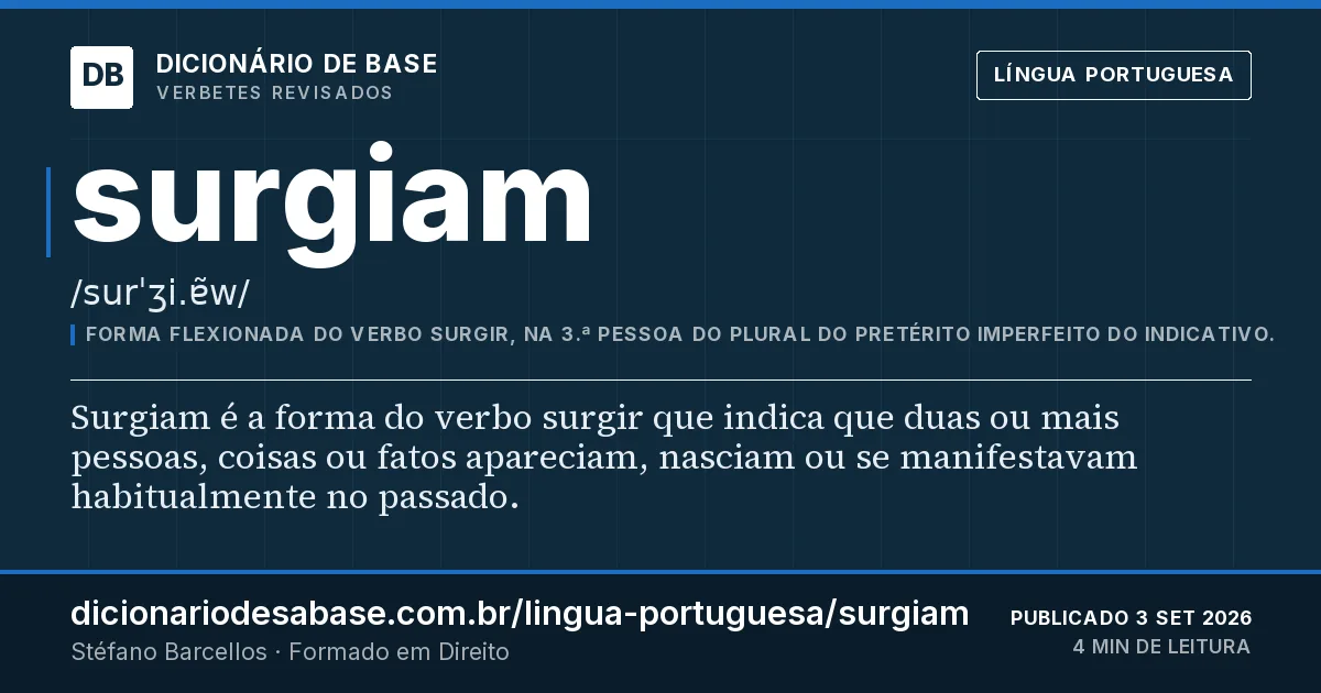 Cartão do verbete surgiam: Surgiam é a forma do verbo surgir que indica que duas ou mais pessoas, coisas ou fatos apareciam, nasciam ou se…