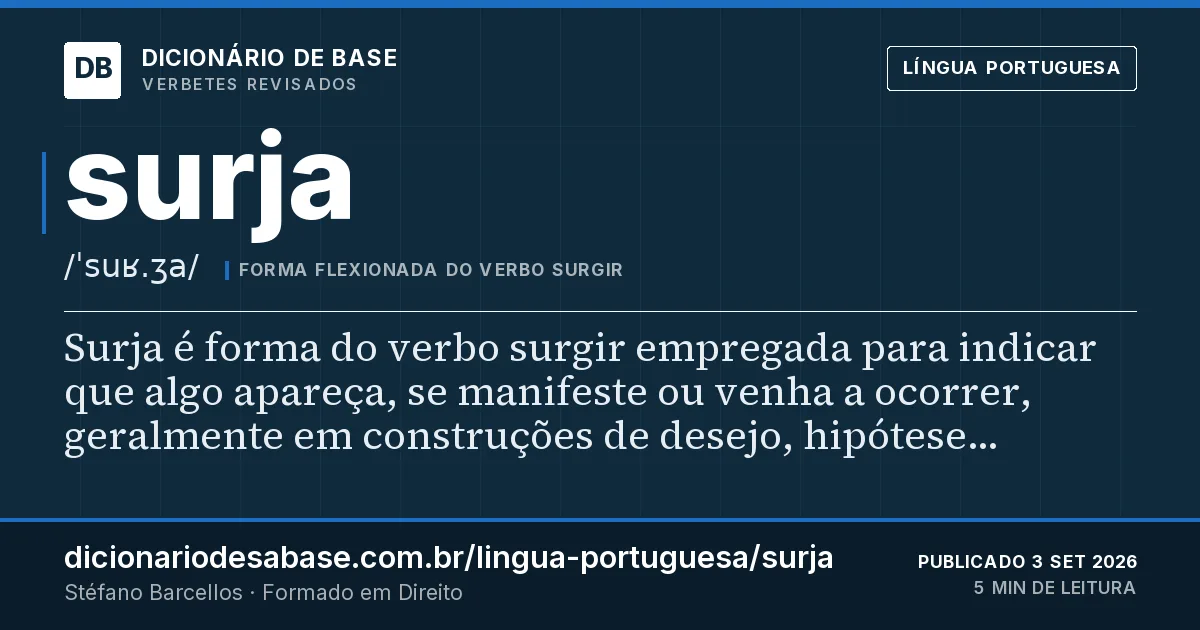 Cartão do verbete surja: Surja é forma do verbo surgir empregada para indicar que algo apareça, se manifeste ou venha a ocorrer, geralmente em…