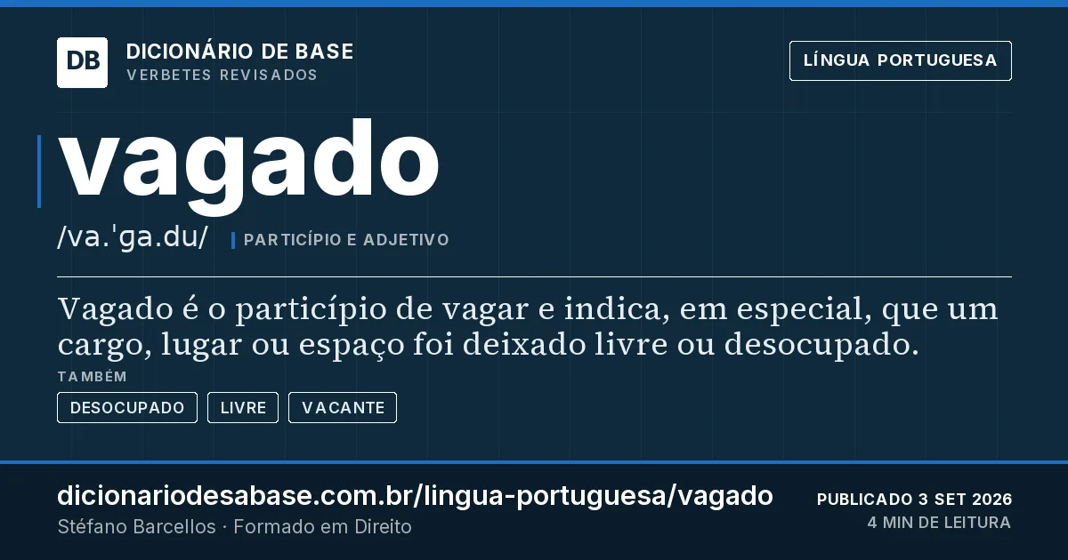 Cartão do verbete vagado: Vagado é o particípio de vagar e indica, em especial, que um cargo, lugar ou espaço foi deixado livre ou desocupado.