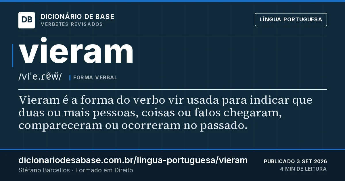 Cartão do verbete vieram: Vieram é a forma do verbo vir usada para indicar que duas ou mais pessoas, coisas ou fatos chegaram, compareceram ou…