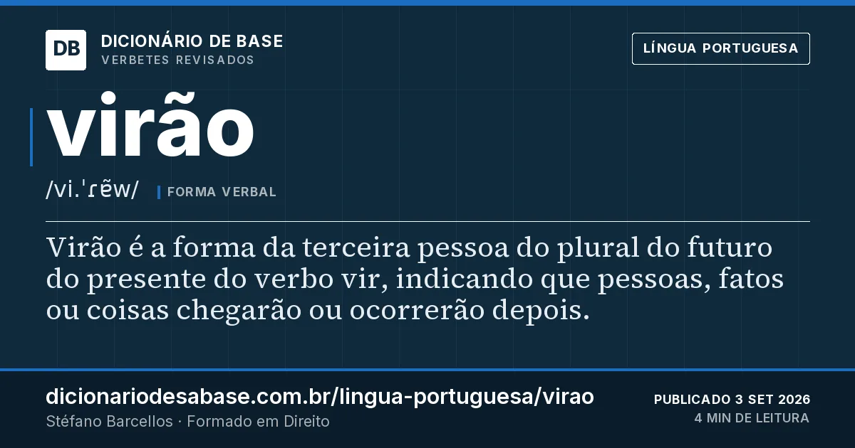 Cartão do verbete virão: Virão é a forma da terceira pessoa do plural do futuro do presente do verbo vir, indicando que pessoas, fatos ou coisas…